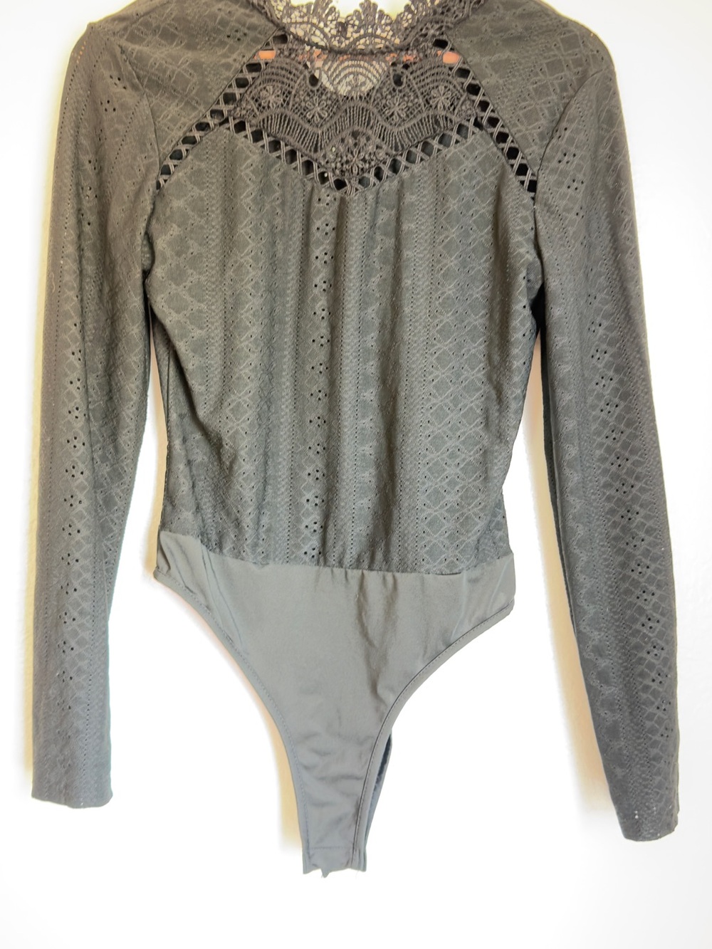 Lace Yoke Long Sleeve One-Piece Bodysuit - black Size M